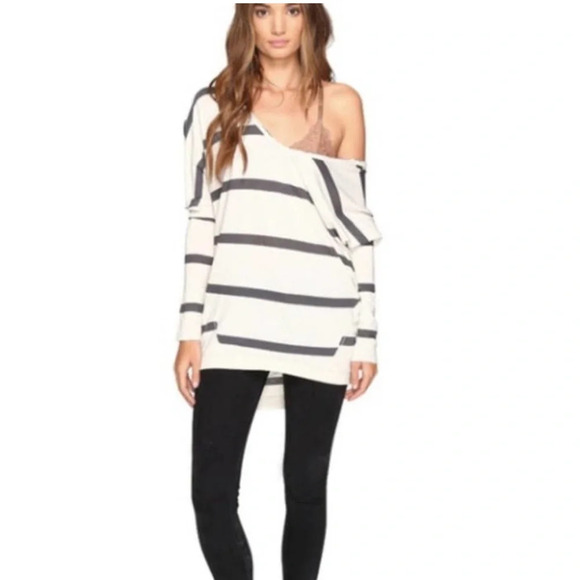 Free People Upstate Striped Long Sleeve Dolman Tee Women's Grey Black Medium - Picture 1 of 9